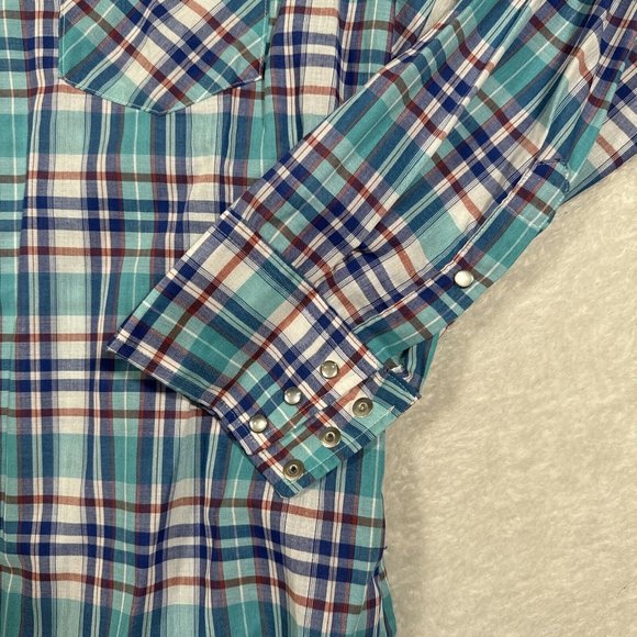 VINTAGE Karman Pearl Snap Shirt Mens 17 XL Western Madras Plaid Casual Long Tail - Picture 3 of 7